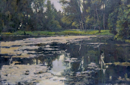 Serene oil painting of swamp pond with lily pads in forest by unknown artist