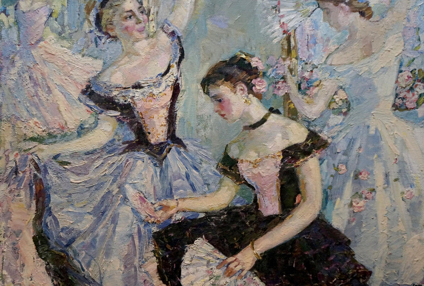 Oil painting of soft blue black ballerina dress with lace trim by Tytarenko Odarka Anatoliivna