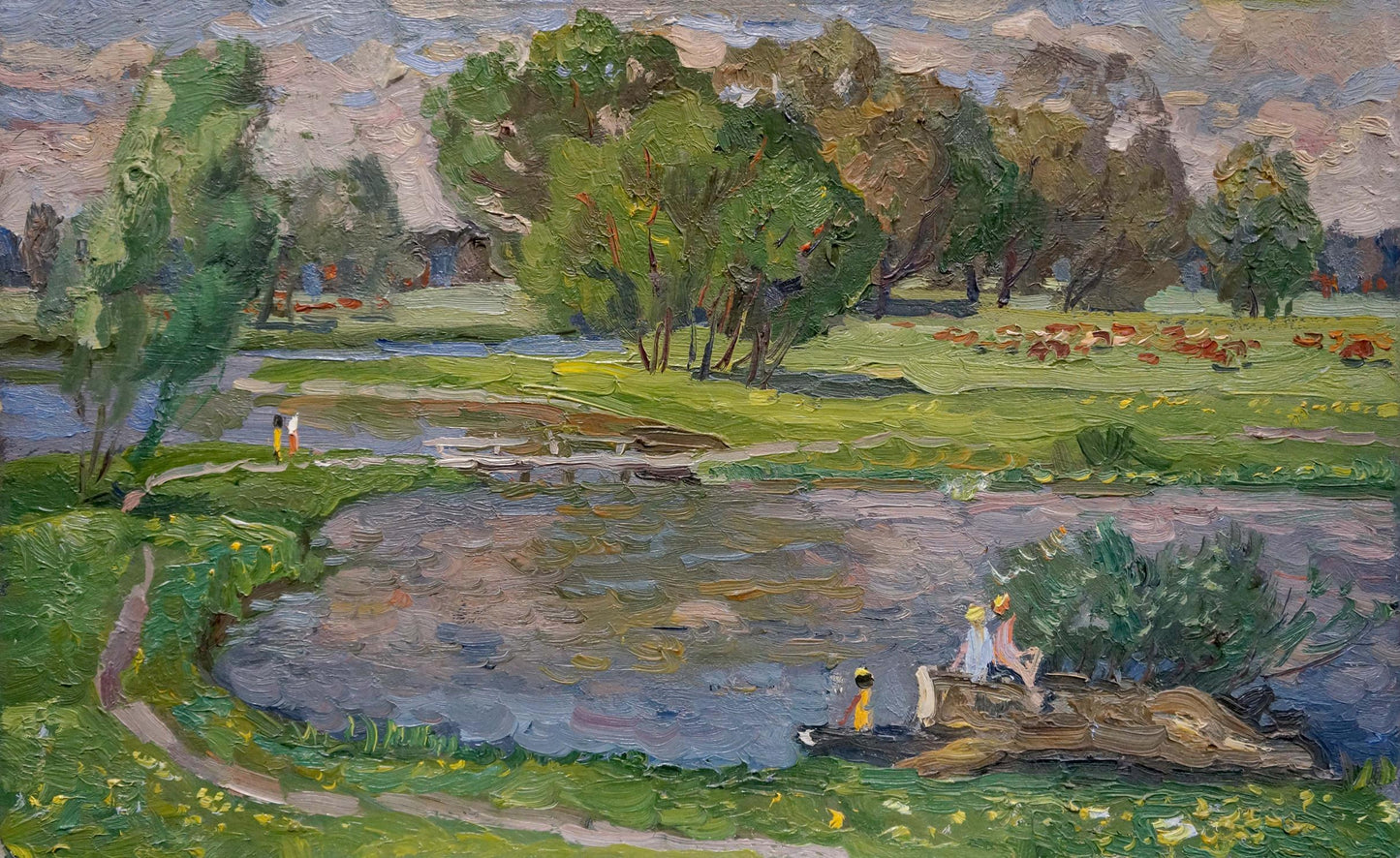 Serene oil painting by Ruban Grigory Savelievich: children by lush riverside landscape