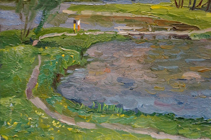 Oil painting by Ruban Grigory Savelievich: children by serene pond path