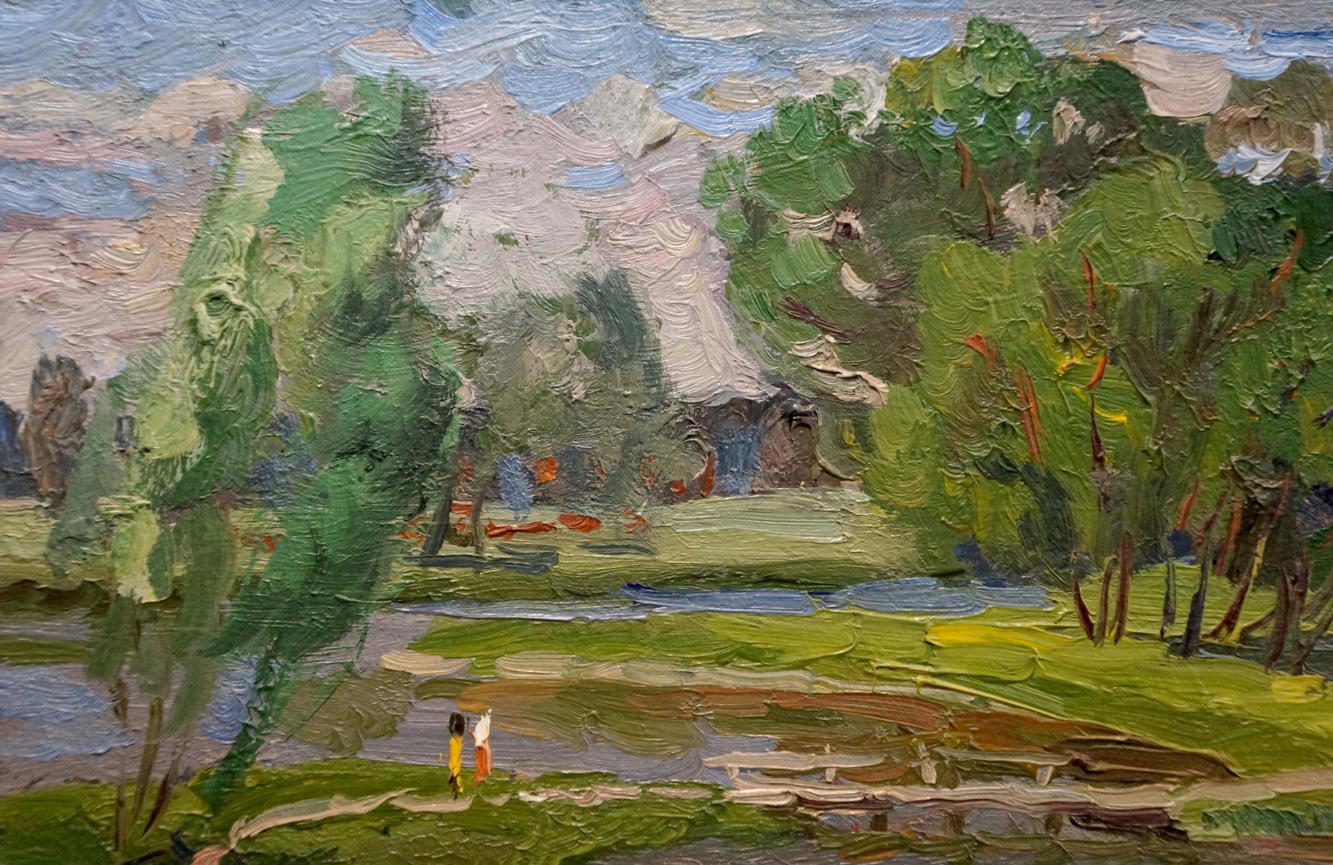 Impressionist oil painting by Ruban Grigory Savelievich: children by lush green river trees
