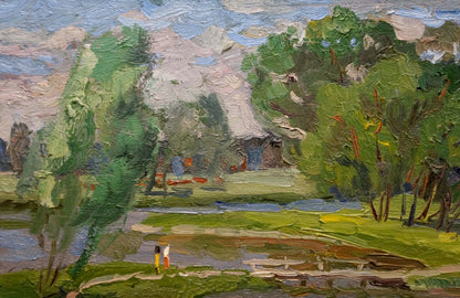 Impressionist oil painting by Ruban Grigory Savelievich: children by lush green river trees