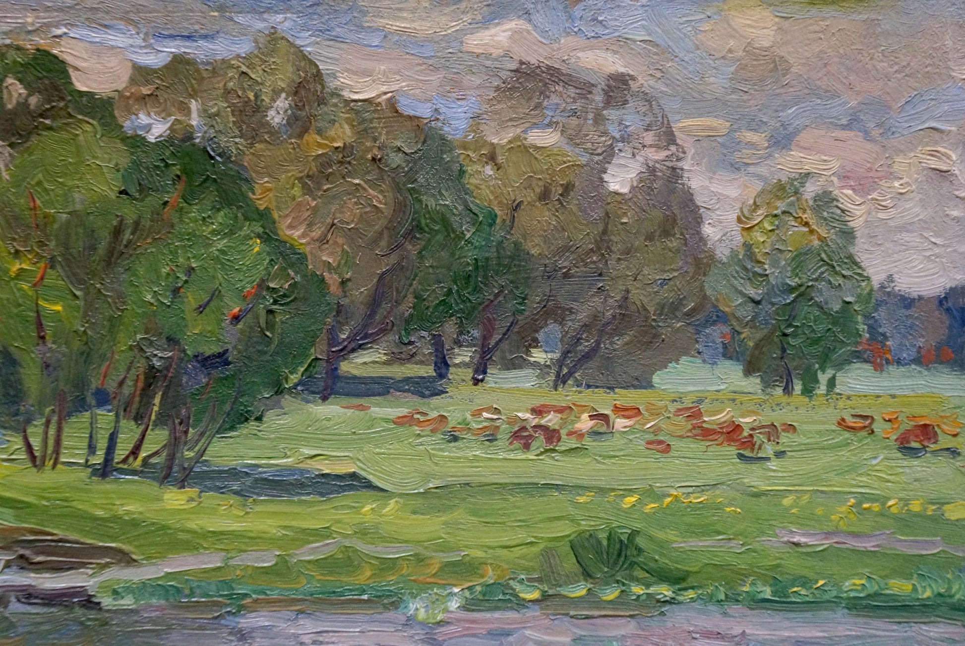 Vibrant impressionist oil painting by Ruban Grigory Savelievich: children by river with lush trees