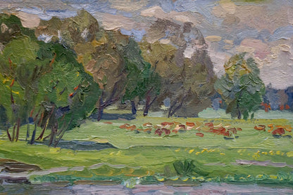 Vibrant impressionist oil painting by Ruban Grigory Savelievich: children by river with lush trees