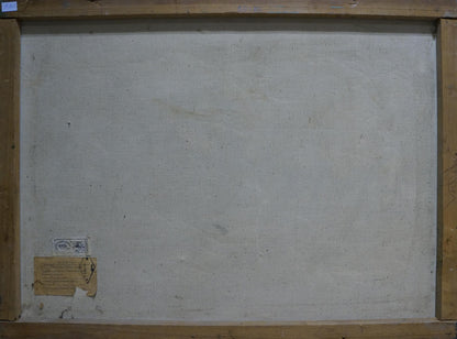 Back of wooden-framed oil painting Swamps in the forest with labels