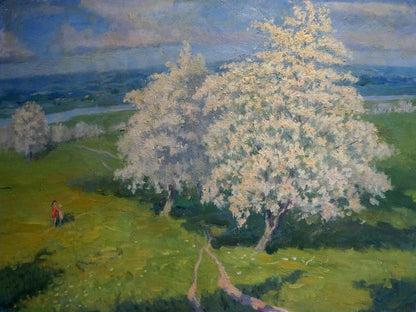 Oil painting of blooming white tree on green grass with hills and blue sky