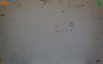 Back of beige canvas Oil painting Children by the river by Ruban Grigory Savelievich with handwritten dimensions and blue ink label
