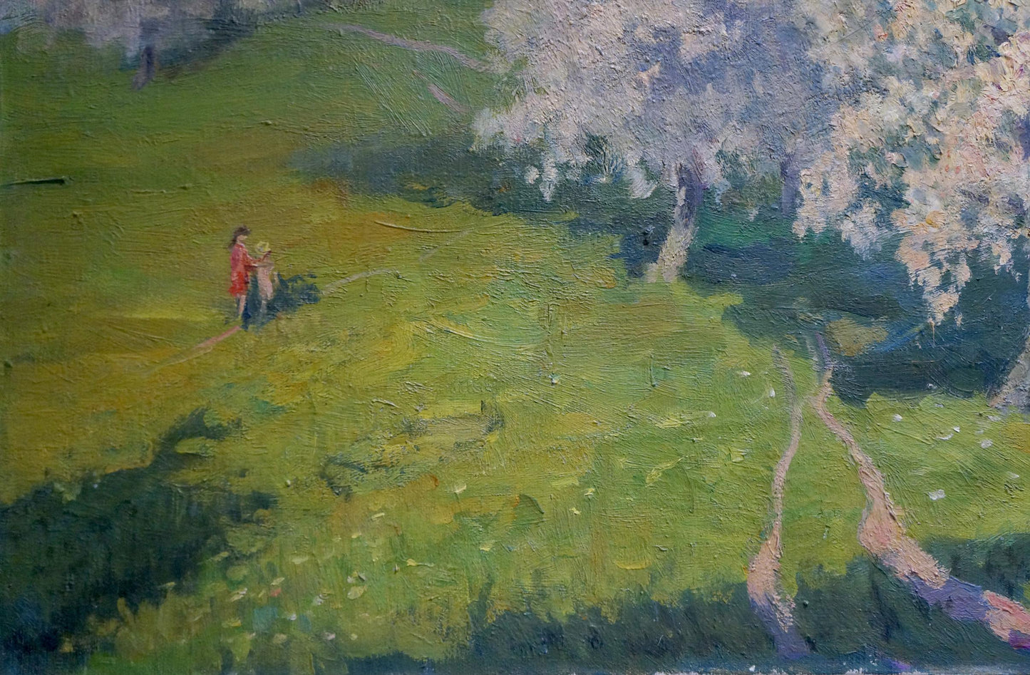 Oil painting of trees blooming: serene pastoral scene with figures in green fields