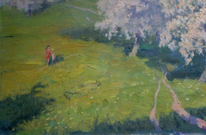 Oil painting of trees blooming: serene pastoral scene with figures in green fields