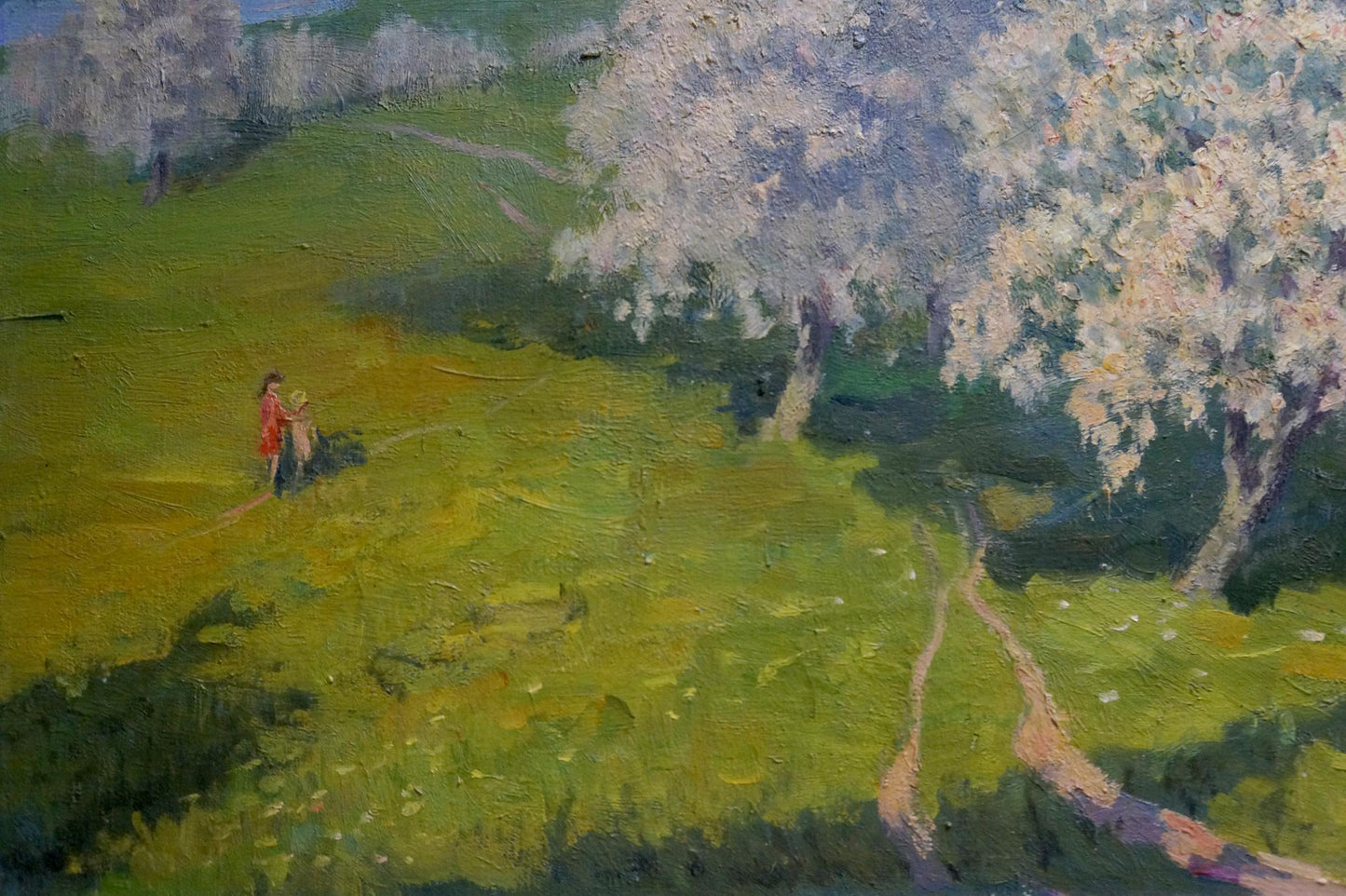 Oil painting Trees are blooming: sunlit meadow with white trees and red figures