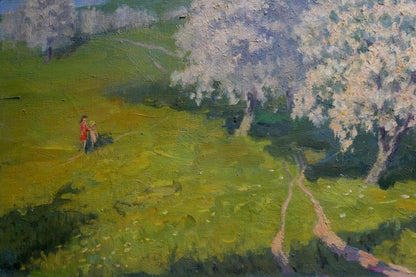 Oil painting Trees are blooming: sunlit meadow with white trees and red figures