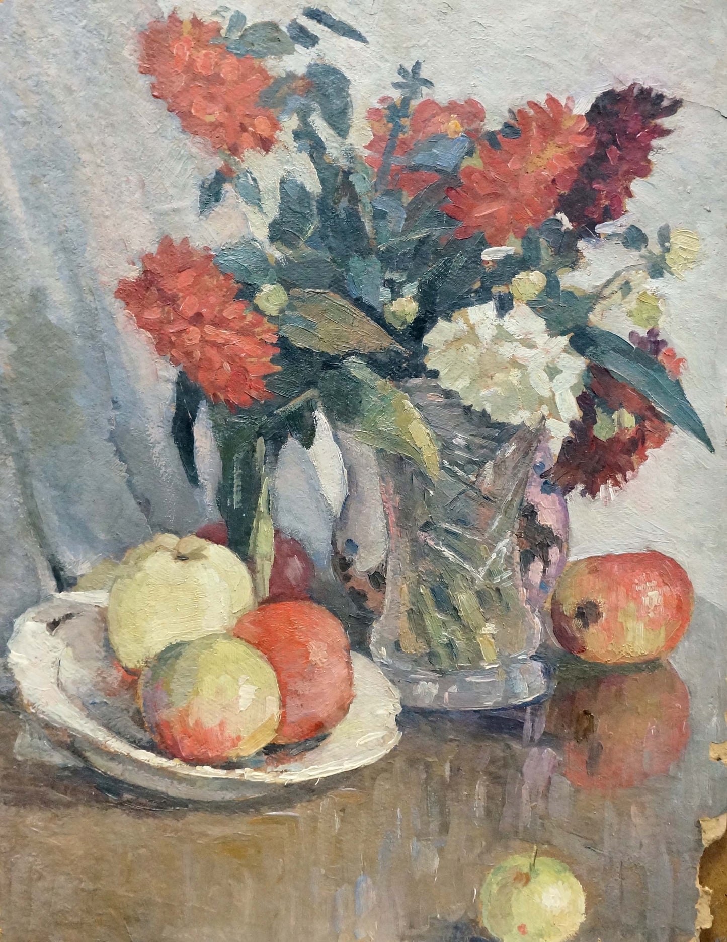 Oil painting Still life by Ruban Grigory Savelievich: clear textured vase with red white flowers