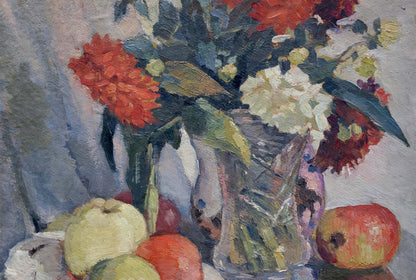 Oil painting of vibrant red white purple flowers bouquet in vase by Ruban Grigory Savelievich