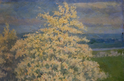 Impressionistic oil painting of blossoming tree with pale yellow white flowers