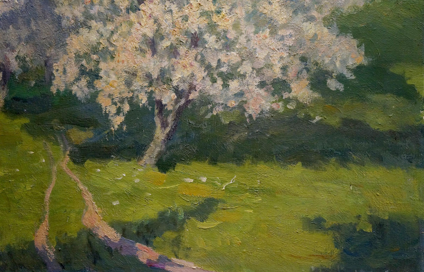 Impressionistic oil painting of blossoming tree with white pink flowers