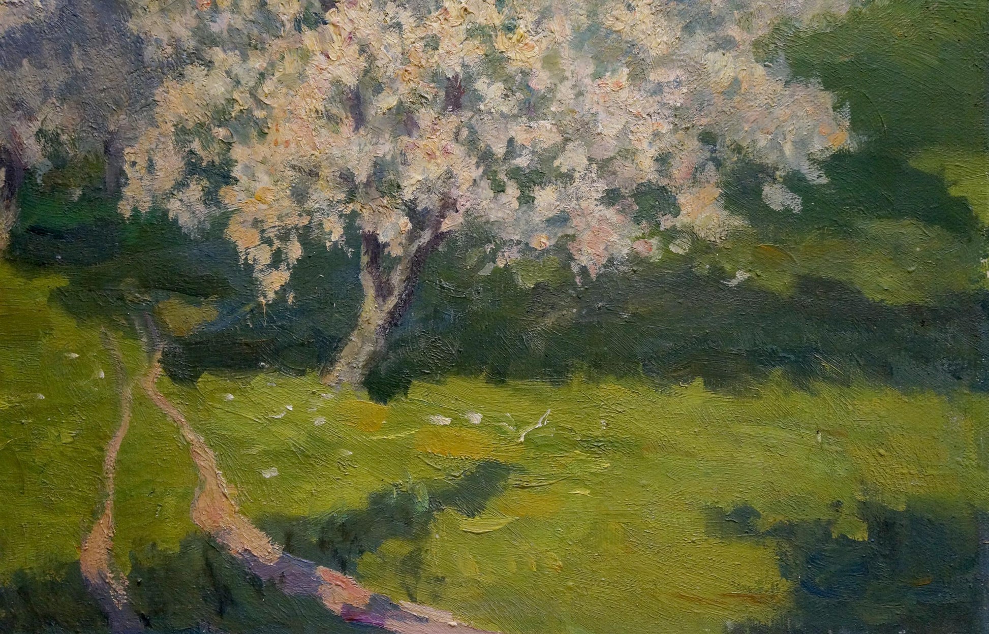 Impressionistic oil painting of blossoming tree with white pink flowers