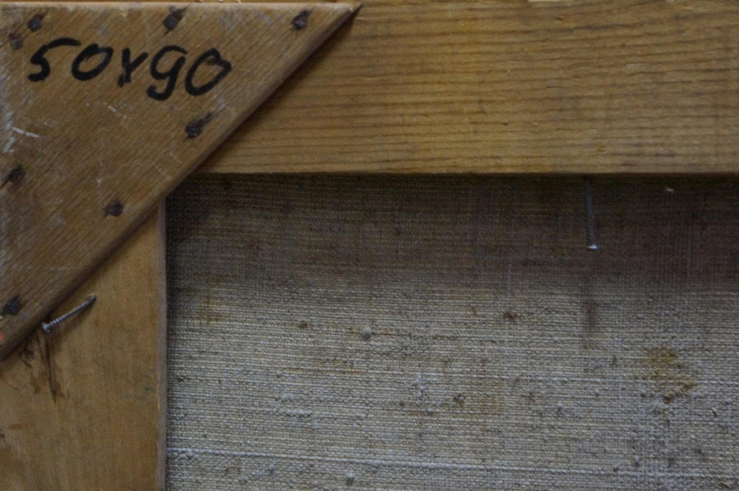 Back of rustic wooden frame for Titarenko Maria Anatolyevna autumn oil painting with sorgo signature