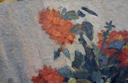 Oil painting Still life by Ruban Grigory Savelievich: vibrant orange red flowers textured brushstrokes gray canvas