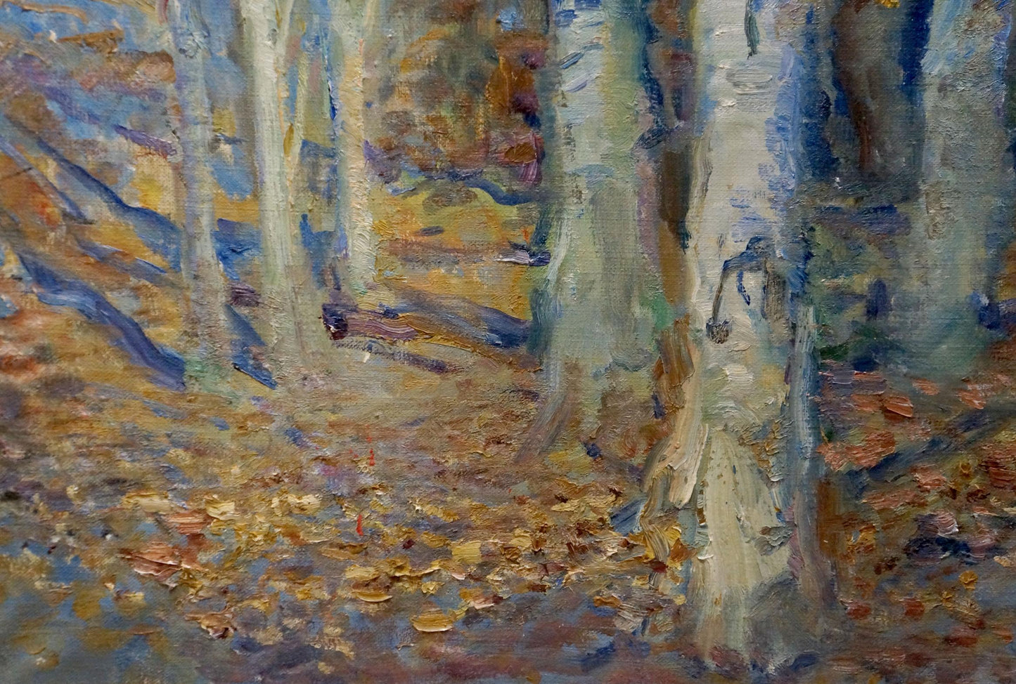 Oil painting of whitewashed birch trunks in autumn forest by Tytarenko Odarka Anatoliivna