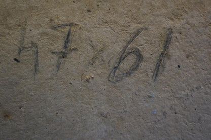 Faded charcoal markings on textured concrete back of Ruban Grigory Savelievich oil painting
