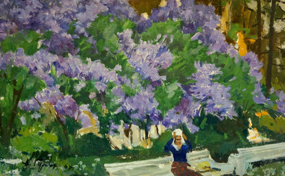 Oil painting Among the Lilacs by Gulyayev A.G.: woman in blue top, red skirt under purple lilacs