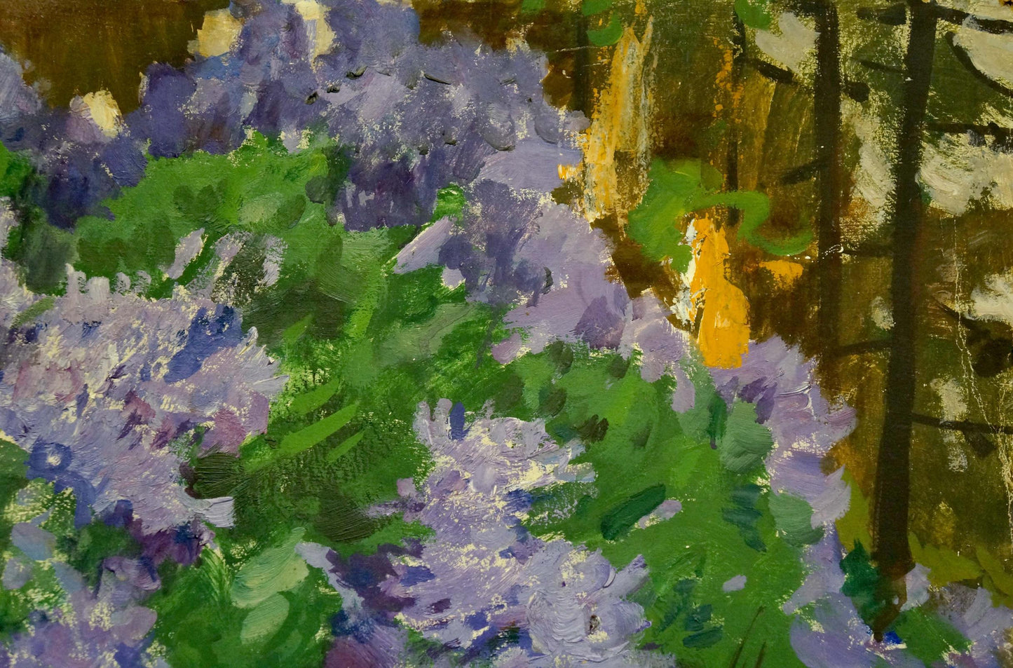 Vibrant impressionistic oil painting of purple hydrangeas among lilacs by Gulyayev A. G