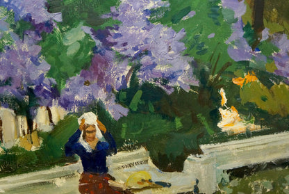 Oil painting Among the Lilacs by Gulyayev A.G.: woman in blue top and red skirt under purple lilacs