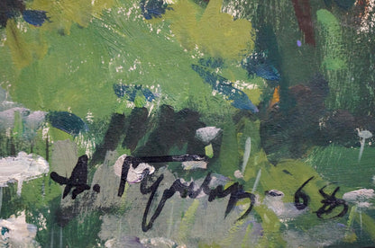 Oil painting Among the Lilacs by Gulyayev A.G. with green, blue, white strokes