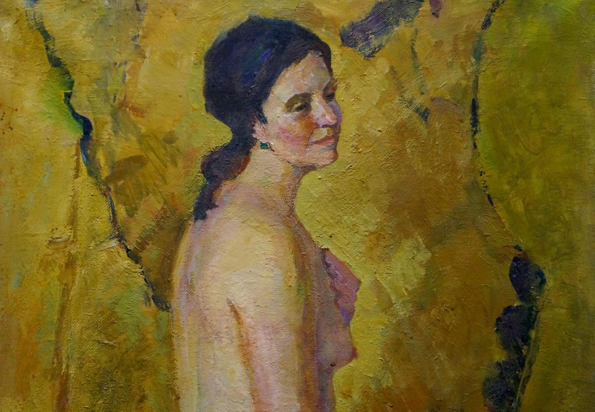 Oil painting of pensive female figure with dark side braid by Maria Titarenko