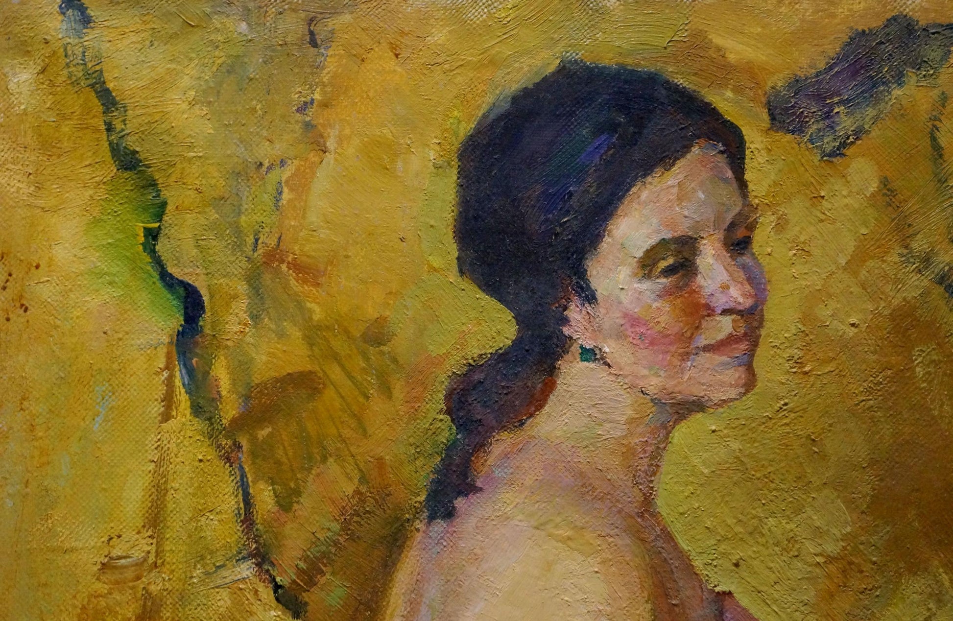 Textured oil painting of pensive female figure Maria Titarenko with dark hair, green earrings on vibrant yellow background