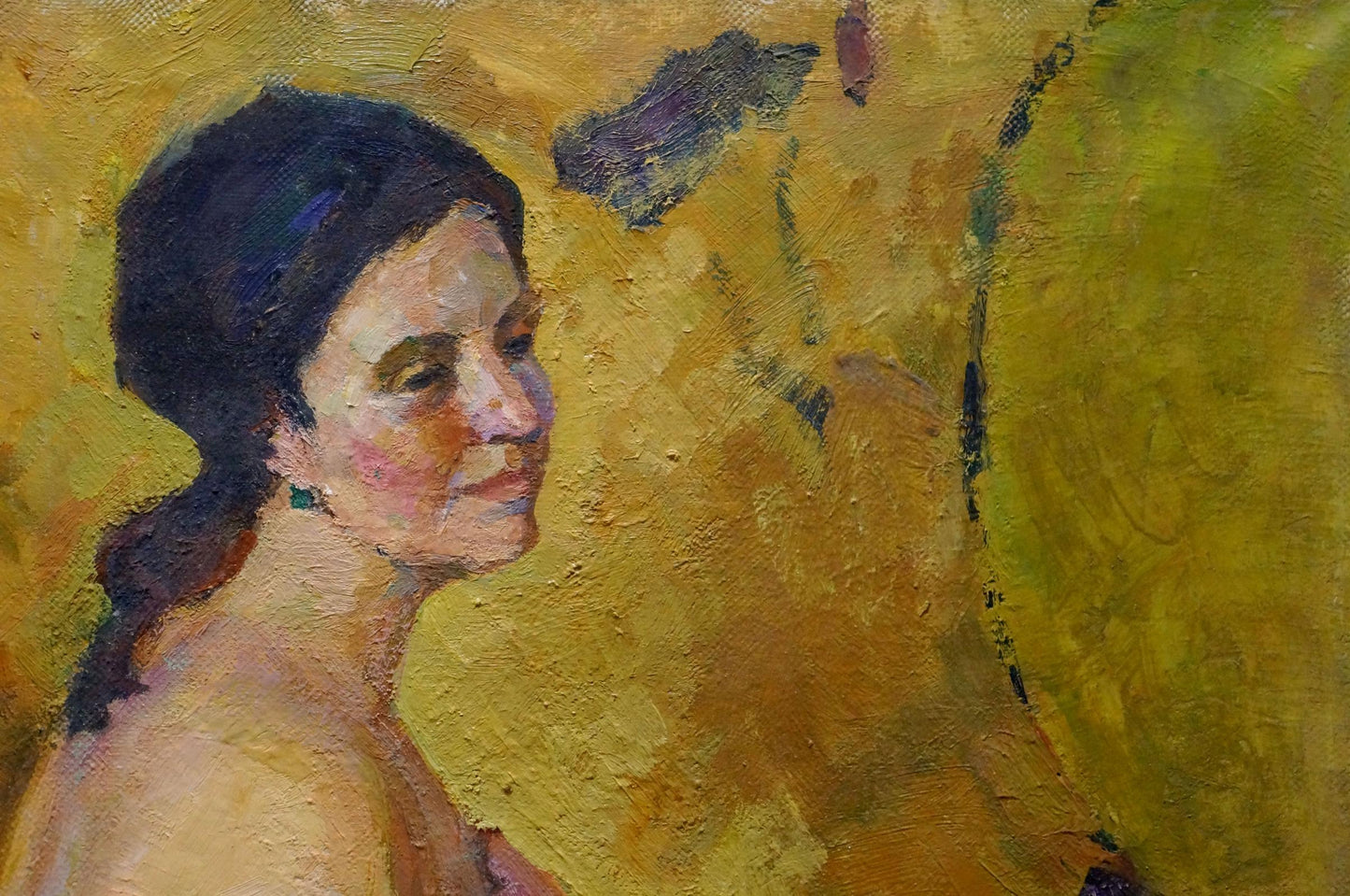 Textured oil painting of pensive female figure Maria Titarenko with dark hair and green earrings on yellow background