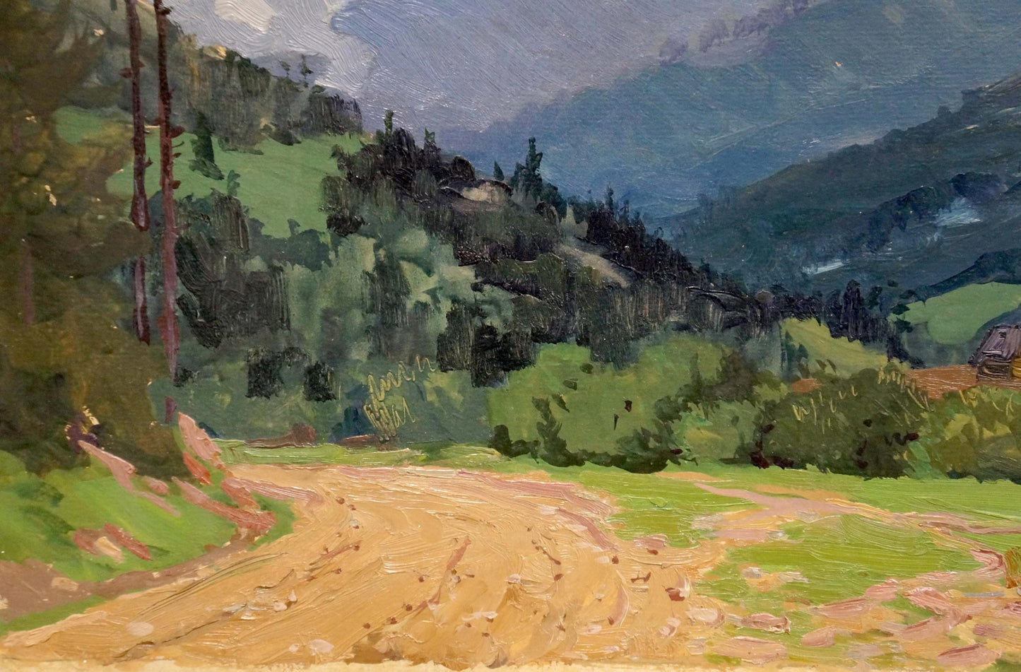 Oil painting of winding dirt road in lush green hills by Fomin Anatoly Nikiforovich