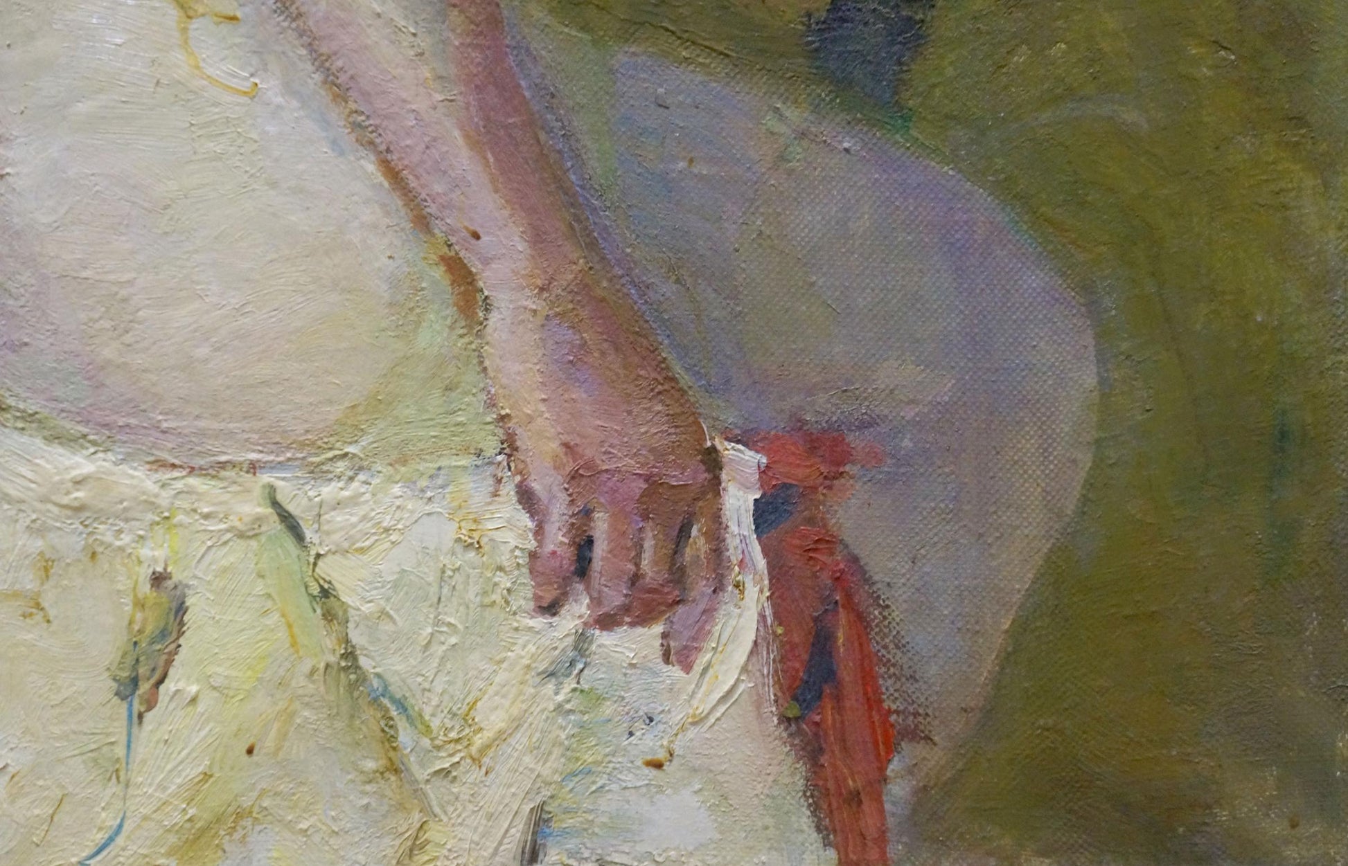 Oil painting of pensive female figure by Maria Titarenko, soft pink hand on fabric