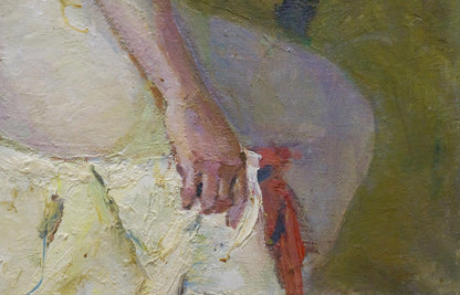 Oil painting of pensive female figure by Maria Titarenko, soft pink hand on fabric
