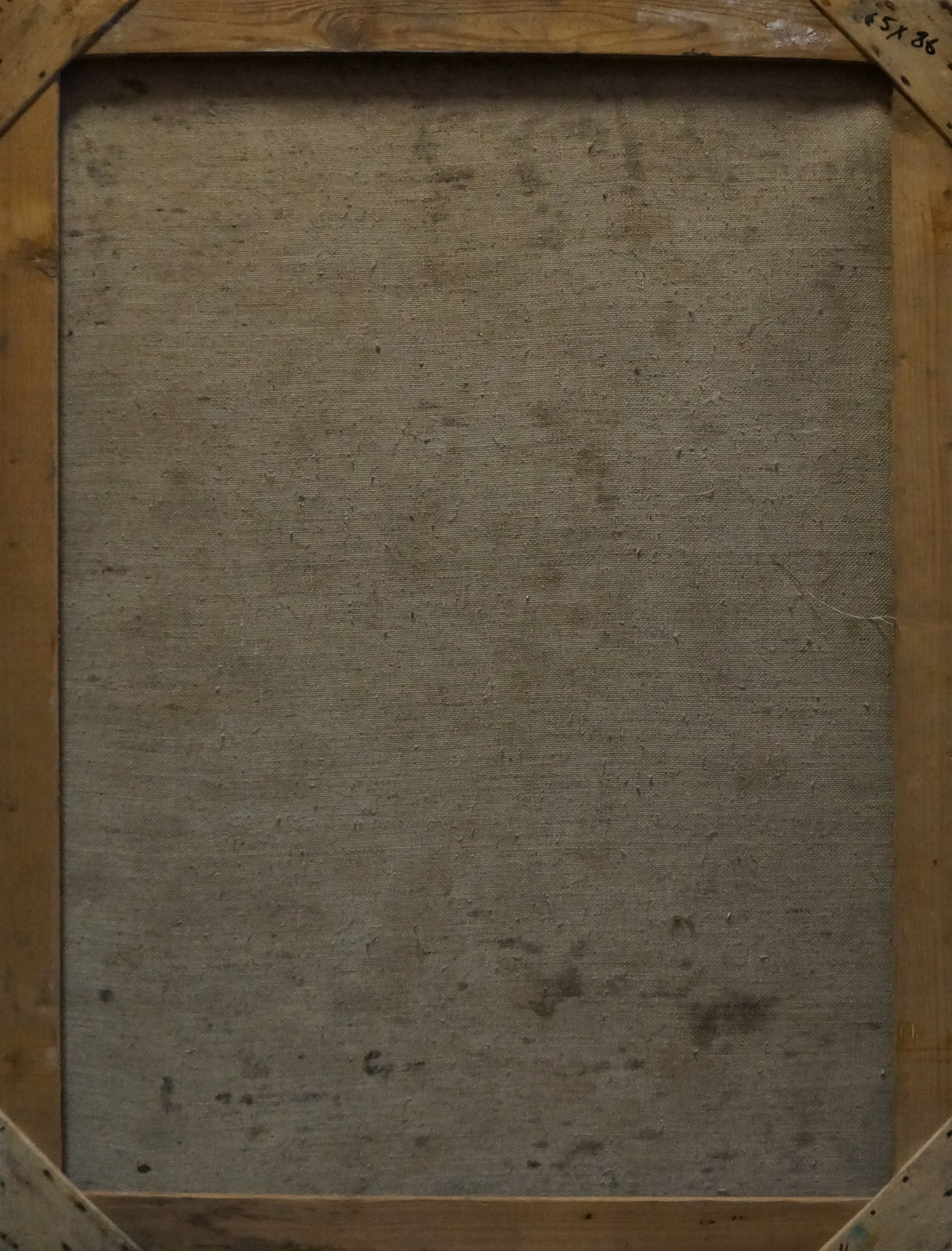 Back of framed Oil painting Pensive female figure Maria Titarenko, gray fabric on wood frame