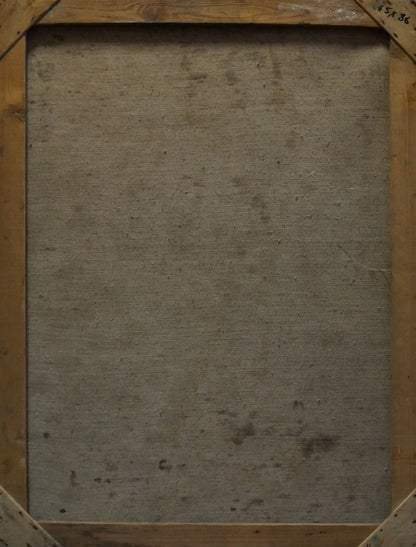 Back of framed Oil painting Pensive female figure Maria Titarenko, gray fabric on wood frame