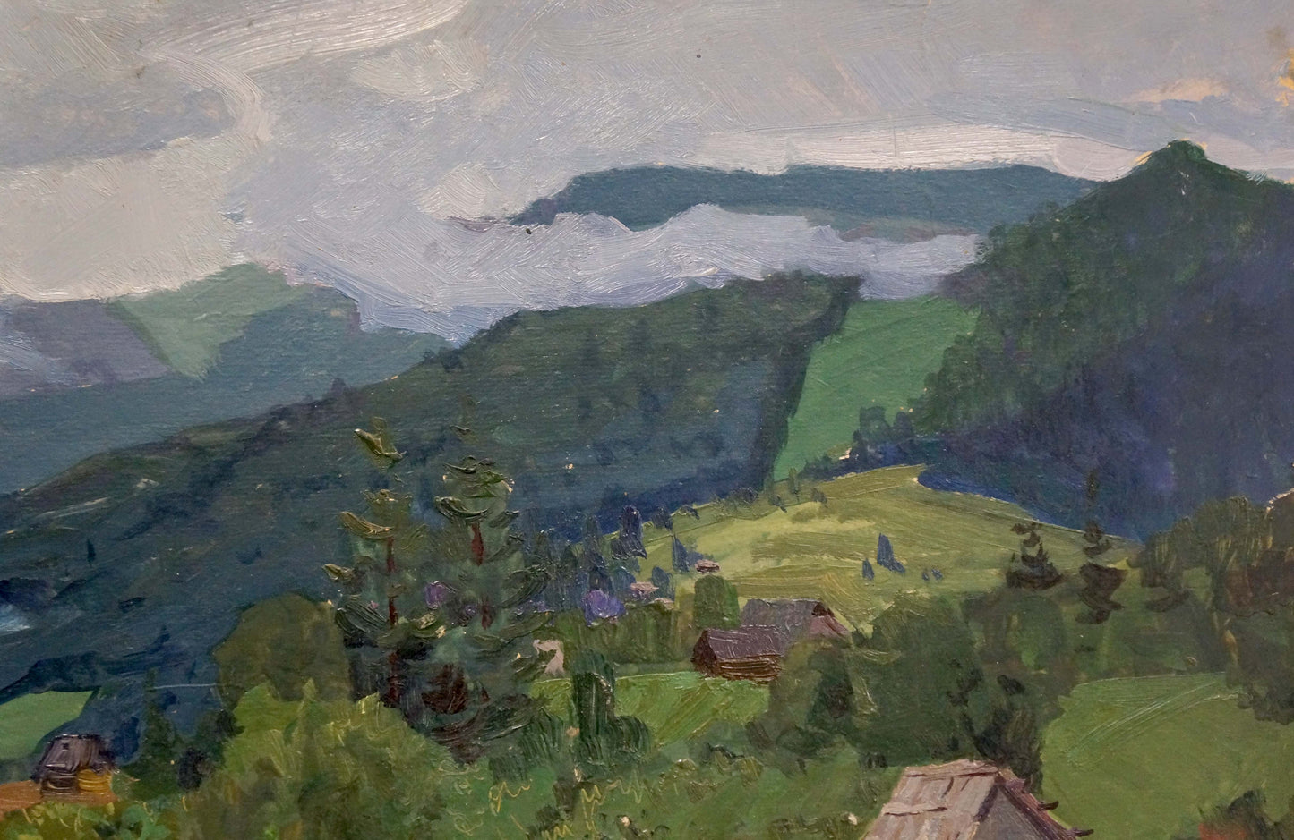 Serene impressionistic oil painting by Fomin Anatoly Nikiforovich: green hills, mountains, cabins