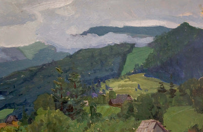 Serene impressionistic oil painting by Fomin Anatoly Nikiforovich: green hills, mountains, cabins