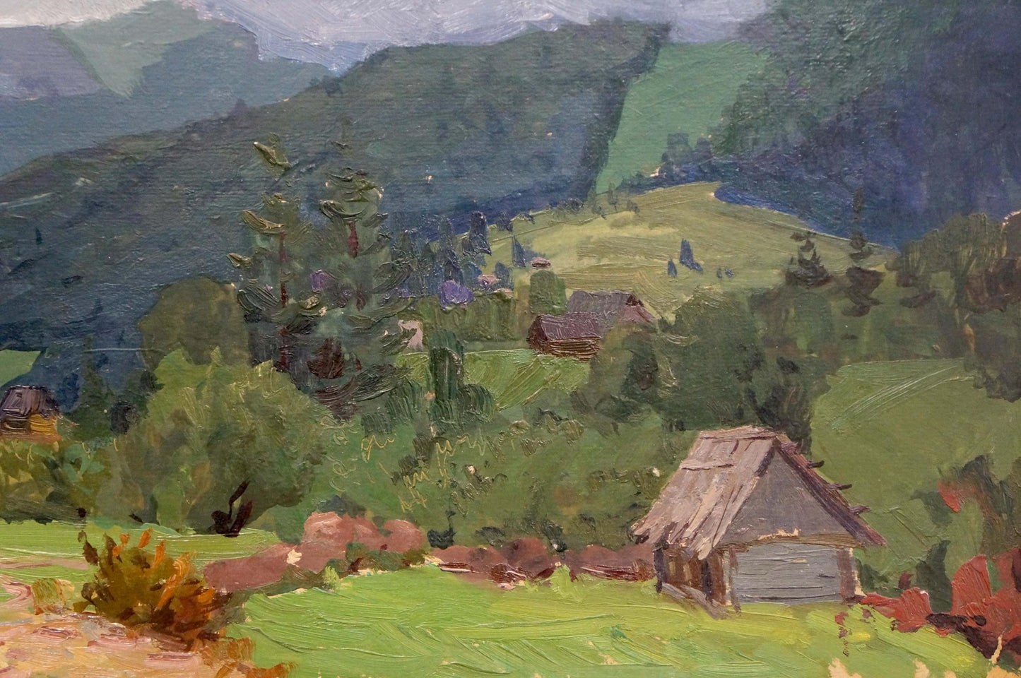 Oil painting by Fomin Anatoly Nikiforovich: rustic shed in green landscape