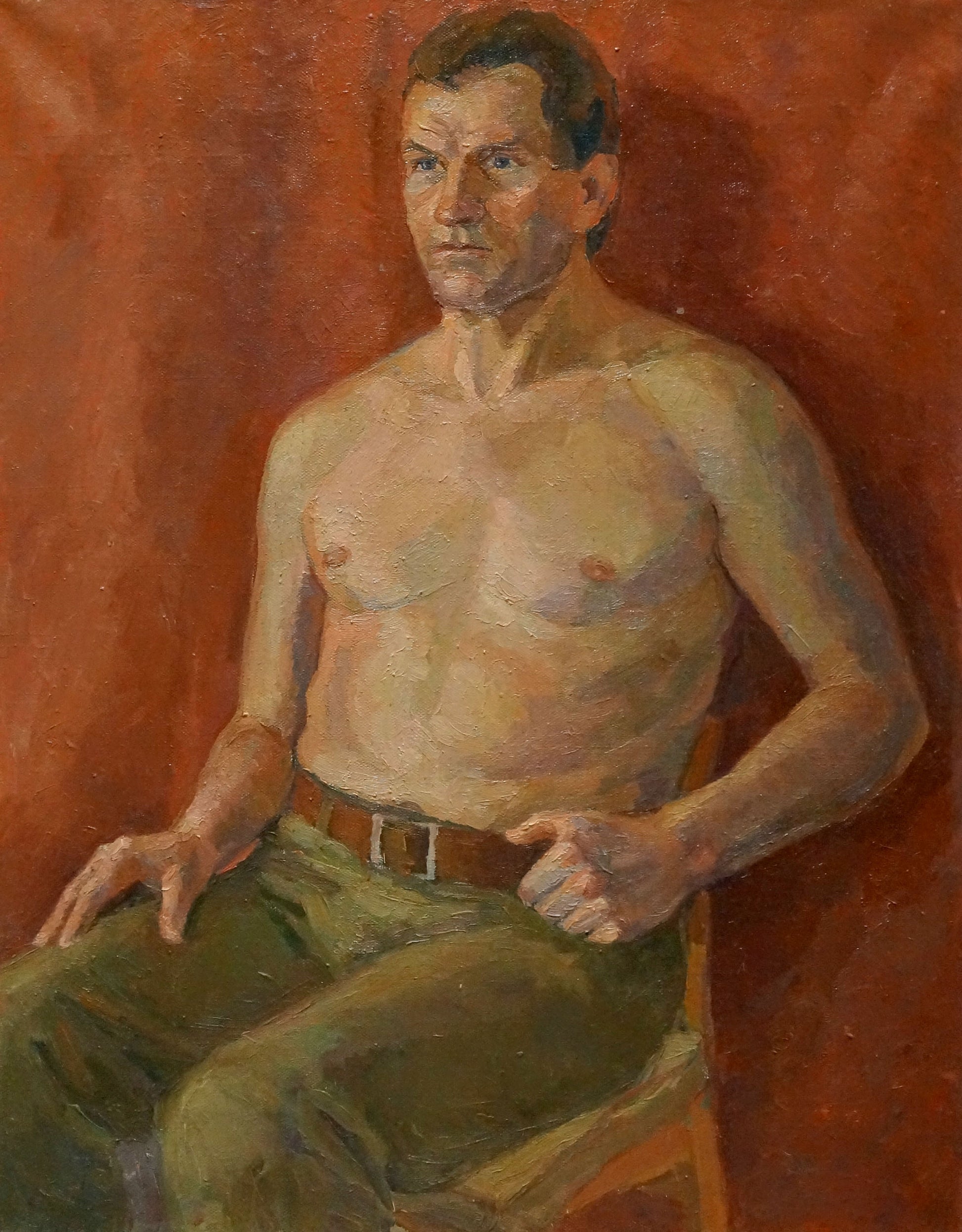 Oil painting by Maria Titarenko: shirtless man in olive trousers