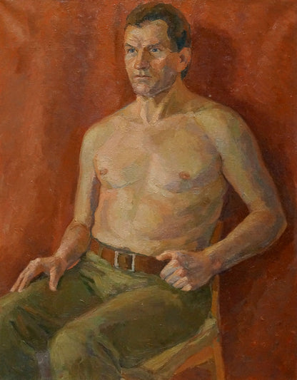 Oil painting by Maria Titarenko: shirtless man in olive trousers
