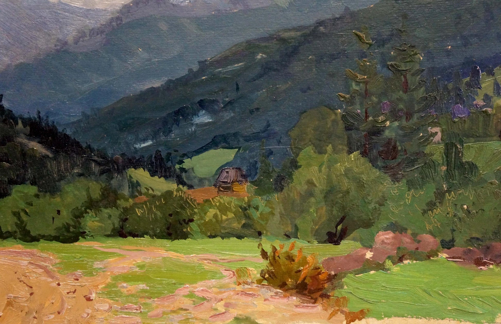 Oil painting by Fomin Anatoly Nikiforovich: rustic cart in lush valley foliage