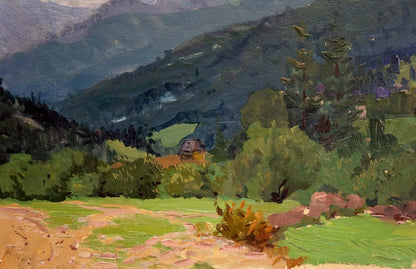 Oil painting by Fomin Anatoly Nikiforovich: rustic cart in lush valley foliage