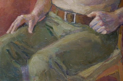 Olive green painterly trousers with brown belt in Maria Titarenko portrait