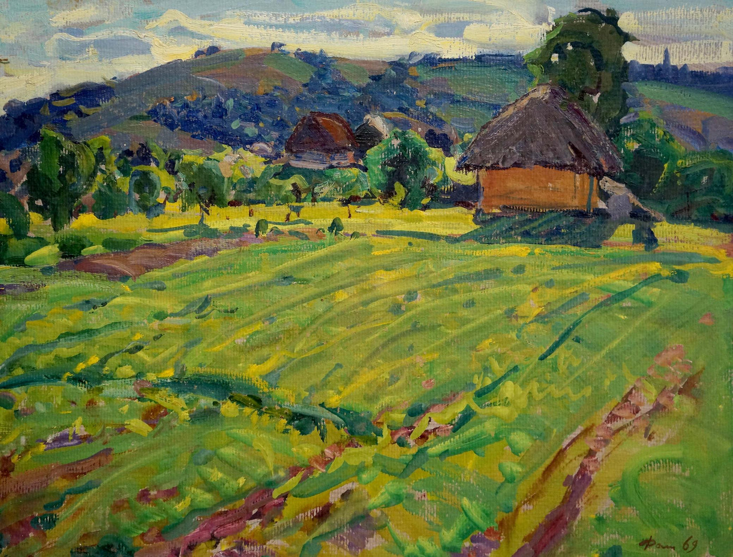 Oil painting of vibrant green yellow field and thatched cottage in Mikhailovka by Fomin Anatoly Nikiforovich