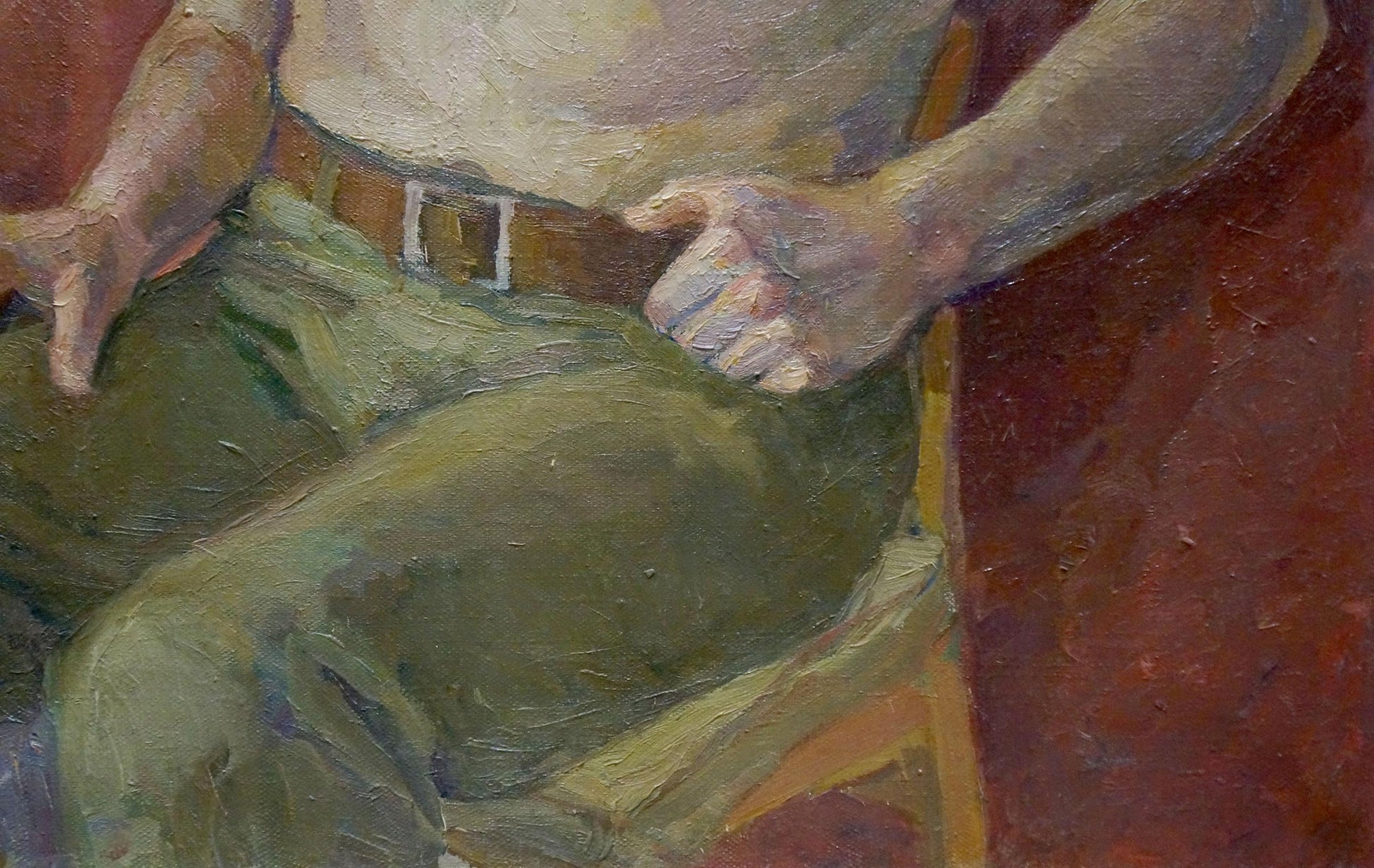Oil painting by Maria Titarenko: mans midsection in olive trousers, brown belt