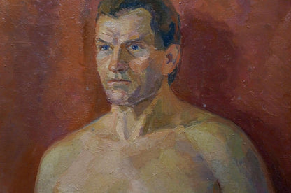Oil painting seated portrait of shirtless man with blue eyes by Maria Titarenko