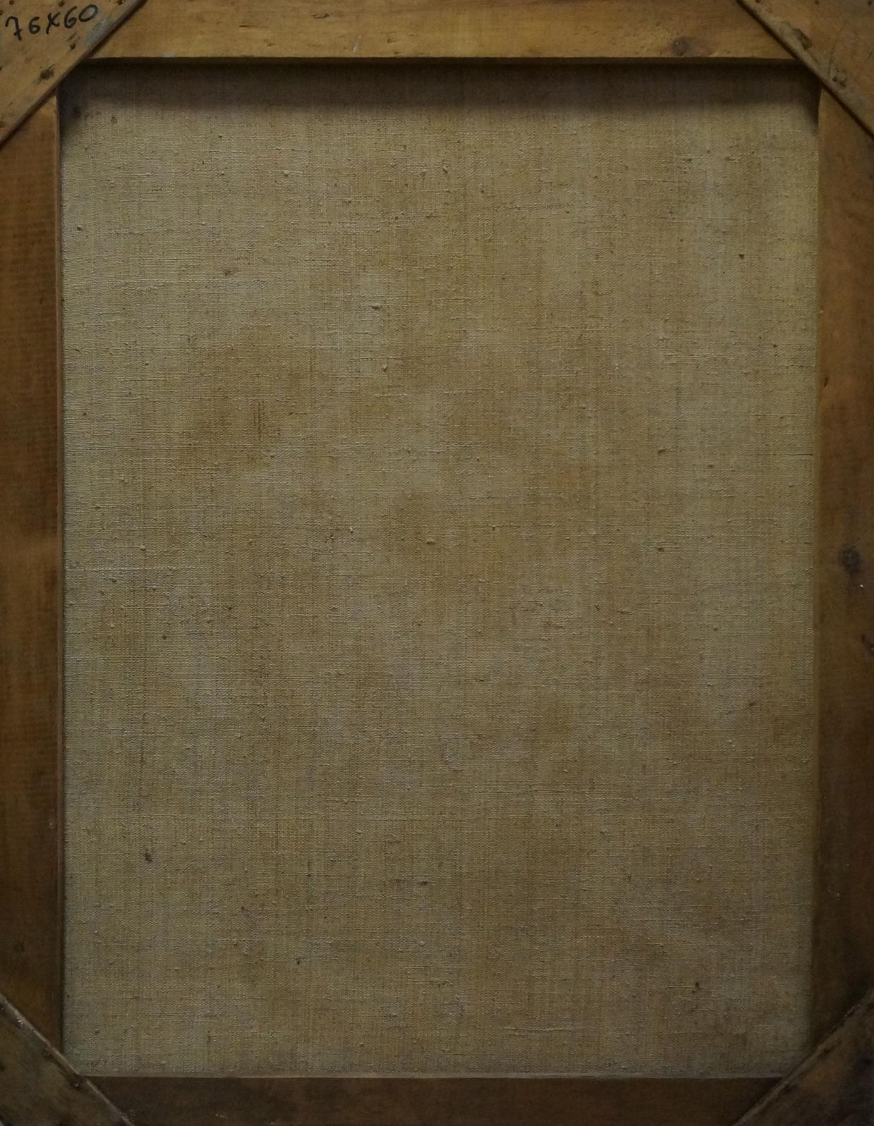 Back of Maria Titarenko oil painting Seated portrait of a man, beige linen and wood frame