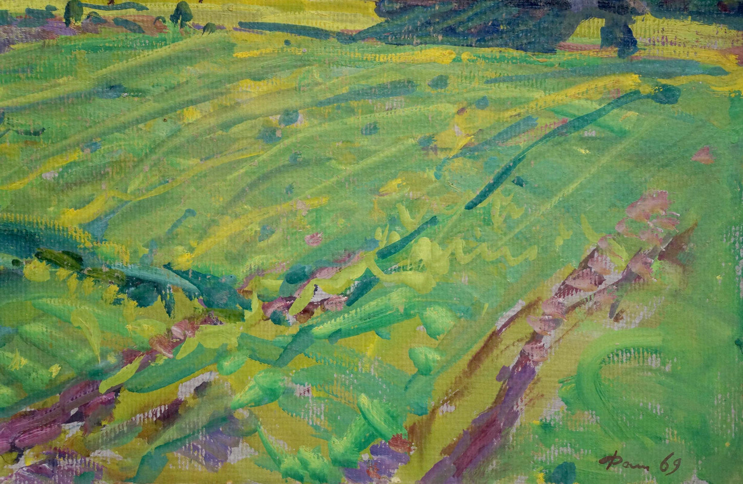 Vibrant green yellow abstract landscape Oil painting The village of Mikhailovka by Fomin Anatoly Nikiforovich