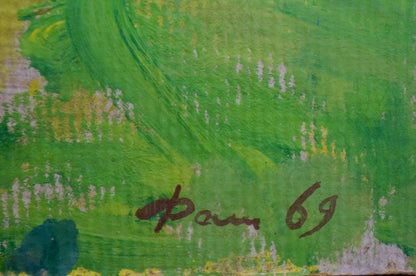 Back of vibrant green abstract oil painting of Mikhailovka village by Fomin, signed Pam 69